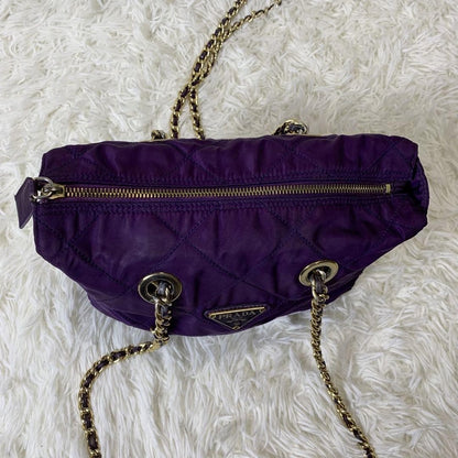 PRADA Shoulder Bag Purse Logo Chain Nylon Leather Purple Authentic