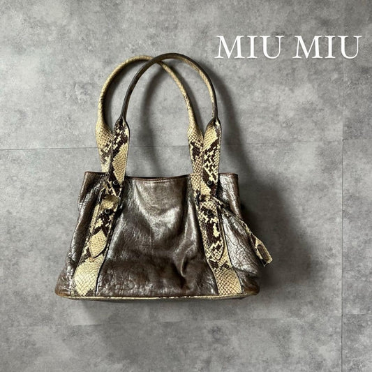 MIU MIU Hand Bag Tote Purse Leather Silver Beige White Authentic