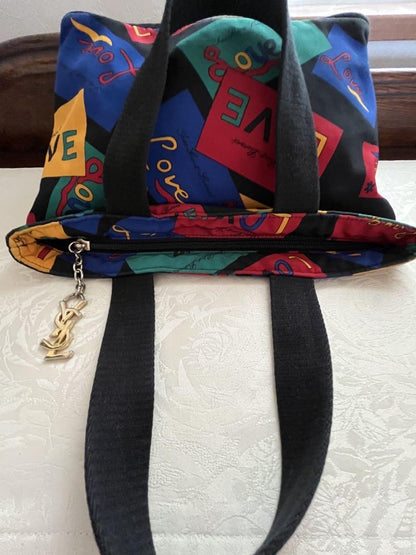 Saint Laurent Hand Bag Tote Purse LOVE Nylon Black Multicolor Authentic