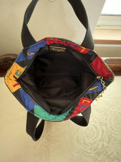 Saint Laurent Hand Bag Tote Purse LOVE Nylon Black Multicolor Authentic