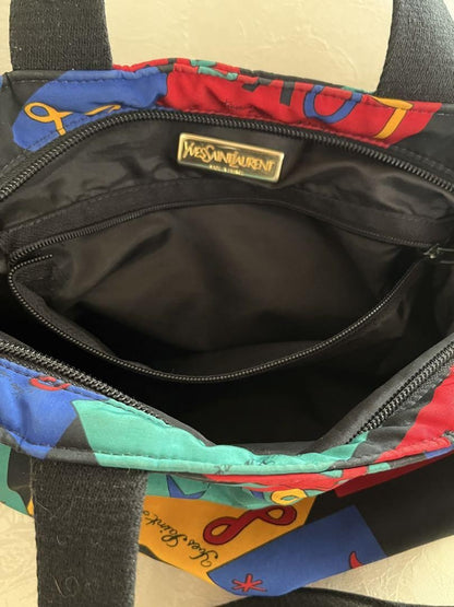 Saint Laurent Hand Bag Tote Purse LOVE Nylon Black Multicolor Authentic