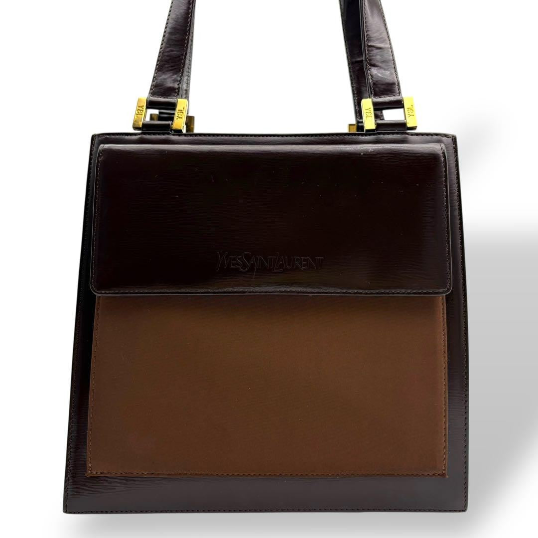 Saint Laurent Hand Bag Tote Purse Logo Leather Brown Authentic
