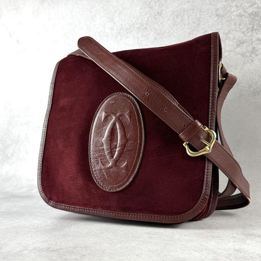 Cartier Shoulder Bag Purse Must Suede Leather Bordeaux Authentic