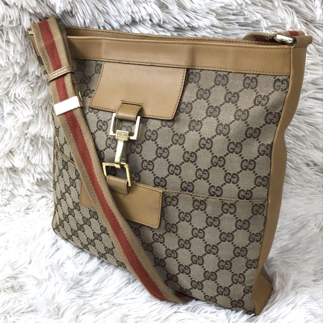 GUCCI Shoulder Bag Purse Sherry Line GG Canvas Leather Camel Beige Authentic