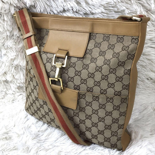 GUCCI Shoulder Bag Purse Sherry Line GG Canvas Leather Camel Beige Authentic