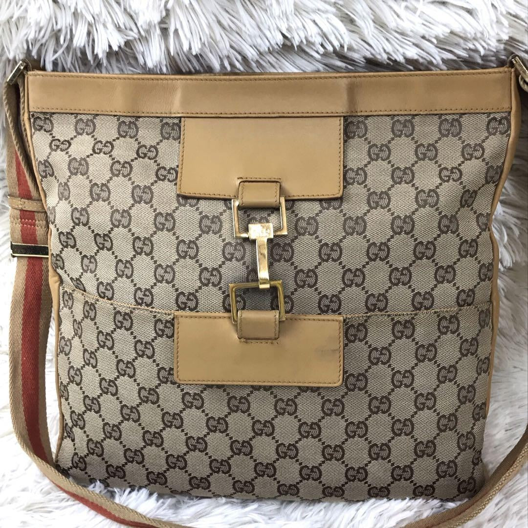 GUCCI Shoulder Bag Purse Sherry Line GG Canvas Leather Camel Beige Authentic