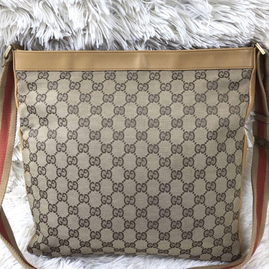 GUCCI Shoulder Bag Purse Sherry Line GG Canvas Leather Camel Beige Authentic