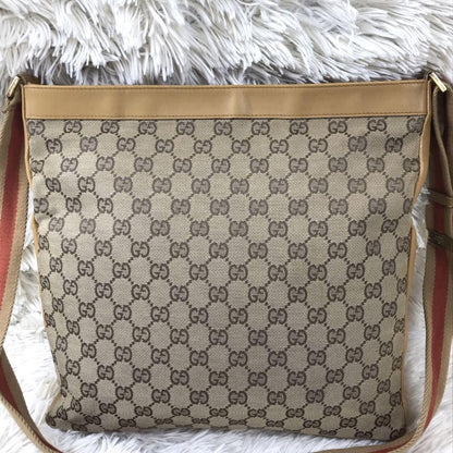 GUCCI Shoulder Bag Purse Sherry Line GG Canvas Leather Camel Beige Authentic