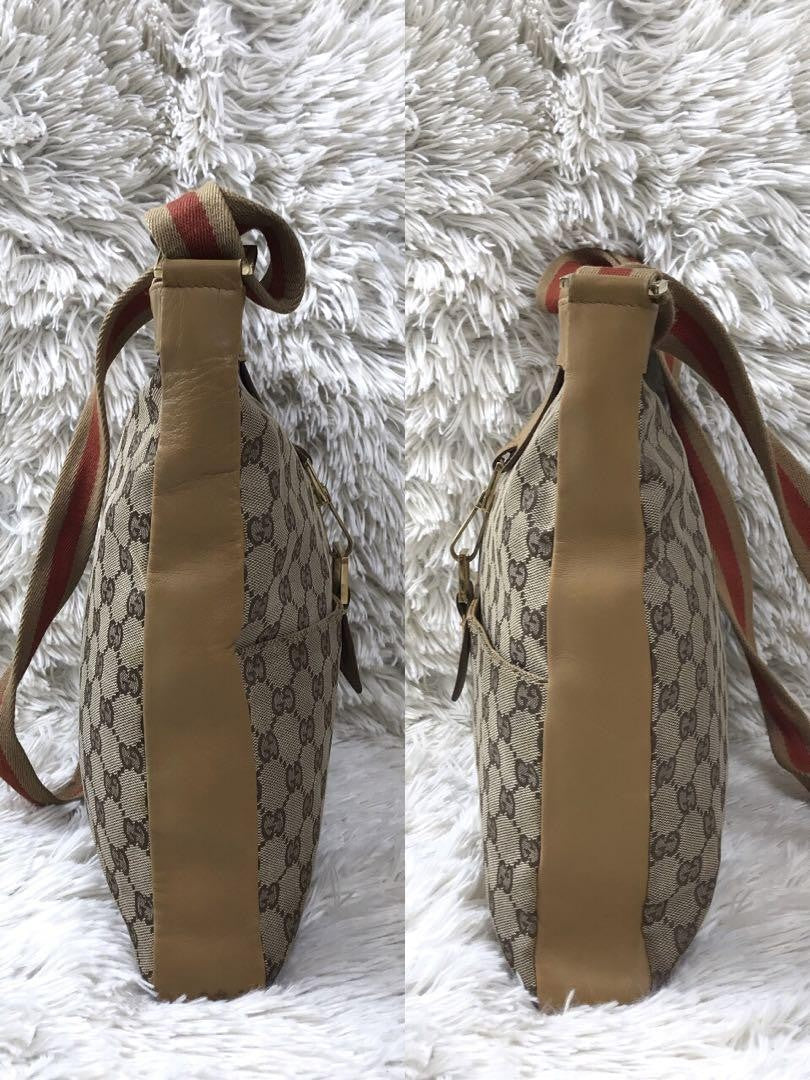 GUCCI Shoulder Bag Purse Sherry Line GG Canvas Leather Camel Beige Authentic