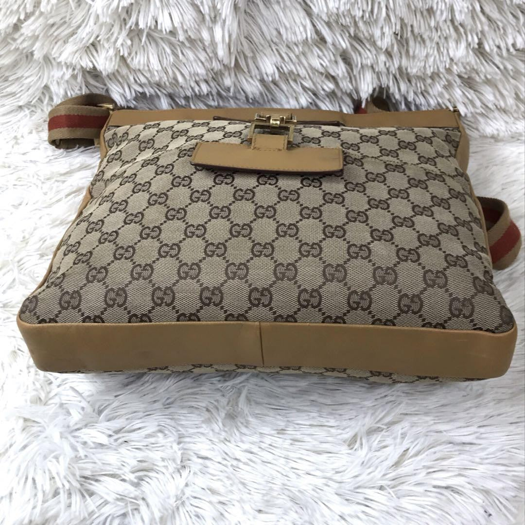 GUCCI Shoulder Bag Purse Sherry Line GG Canvas Leather Camel Beige Authentic