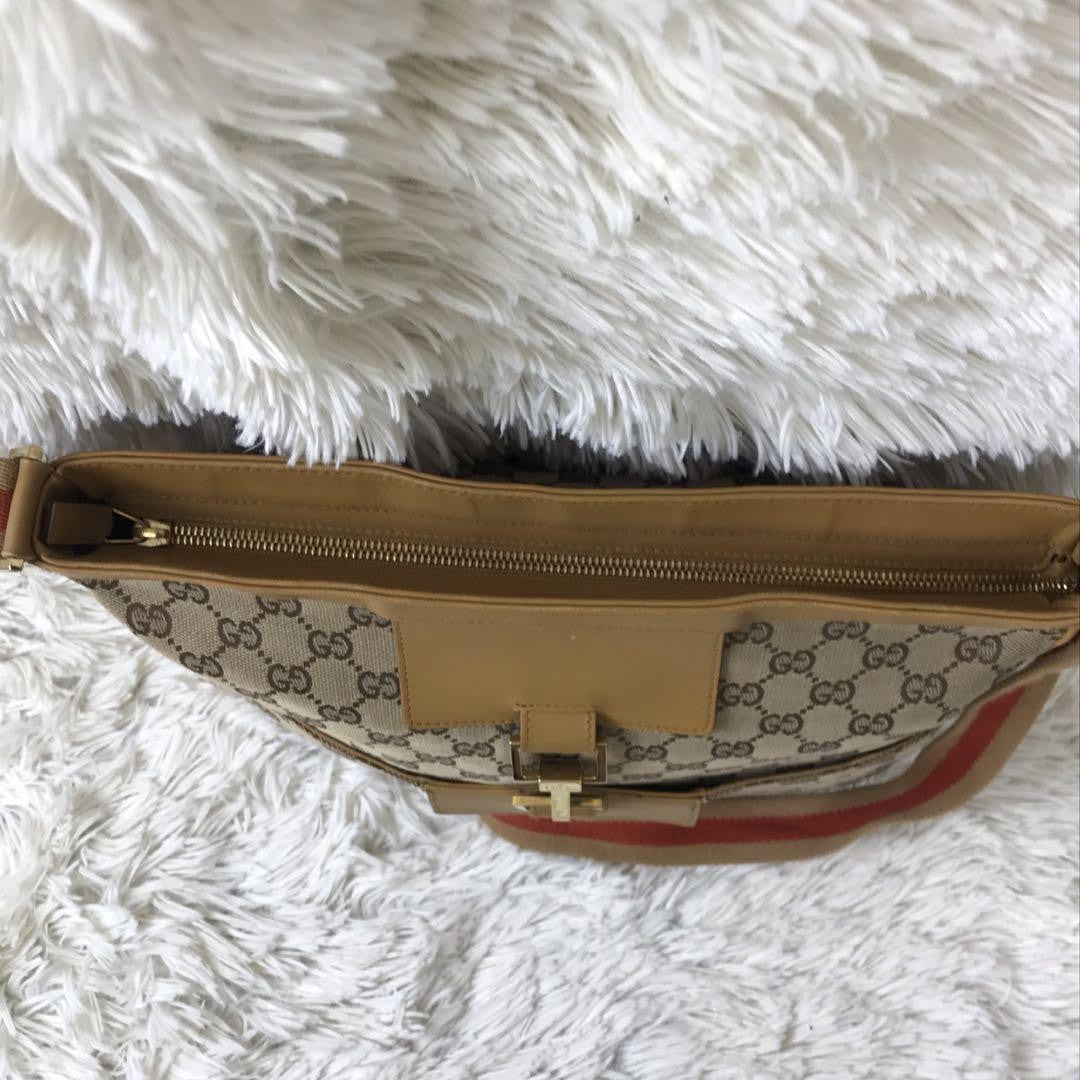 GUCCI Shoulder Bag Purse Sherry Line GG Canvas Leather Camel Beige Authentic