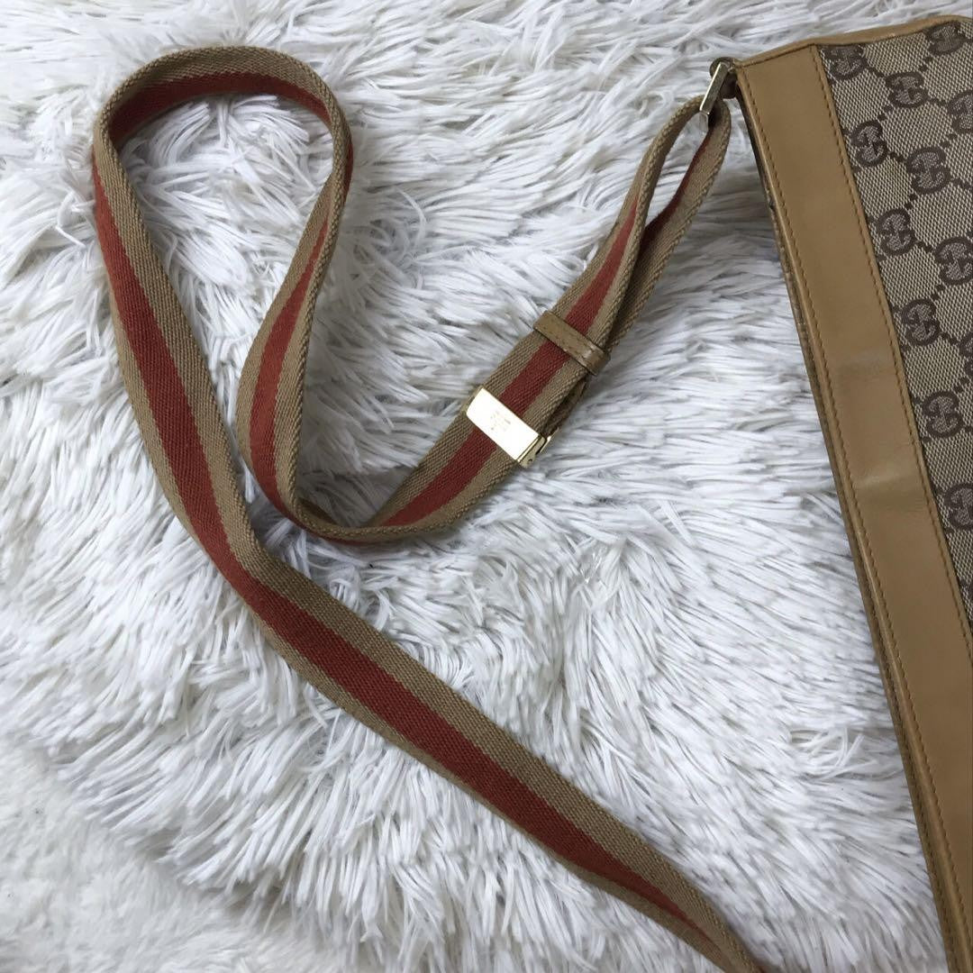 GUCCI Shoulder Bag Purse Sherry Line GG Canvas Leather Camel Beige Authentic