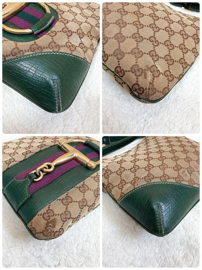 GUCCI Shoulder Bag Purse Sherry Line GG Canvas Leather Beige Authentic