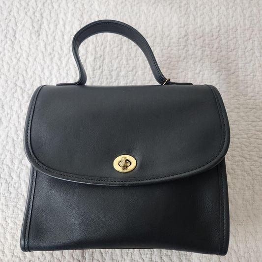COACH Hand Bag Tote Purse Old Turn Lock Leather Black Authentic