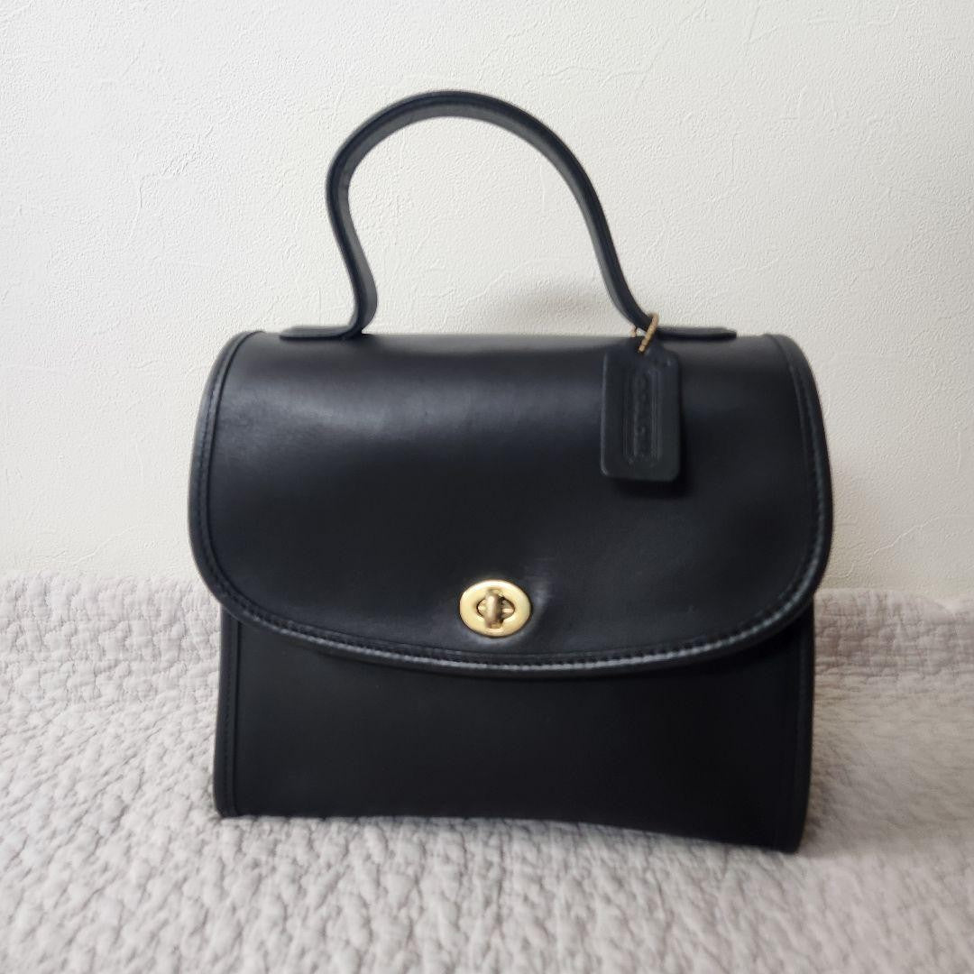 COACH Hand Bag Tote Purse Old Turn Lock Leather Black Authentic