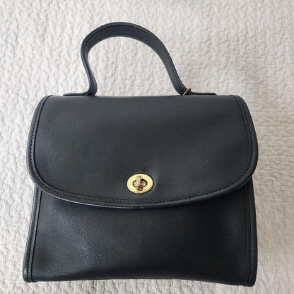 COACH Hand Bag Tote Purse Old Turn Lock Leather Black Authentic