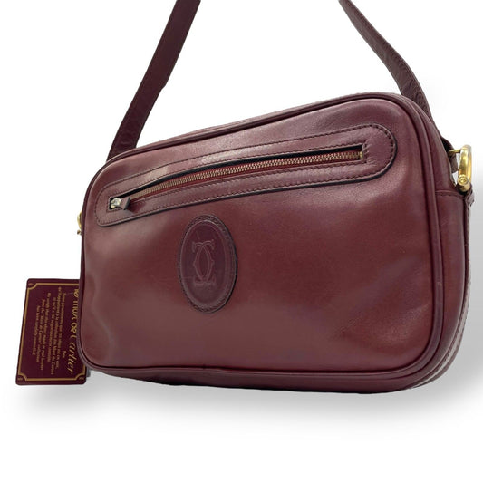 Cartier Shoulder Bag Purse Must Leather Wine Red Authentic