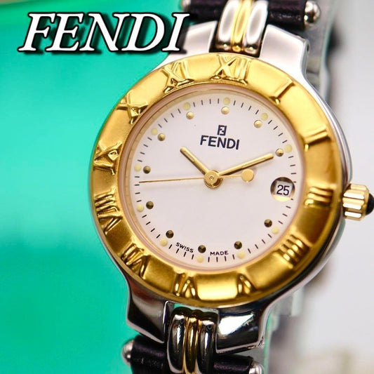 FENDI Quartz Watch Wristwatch FF Logo White Gold Women's Authentic