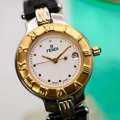 FENDI Quartz Watch Wristwatch FF Logo White Gold Women's Authentic