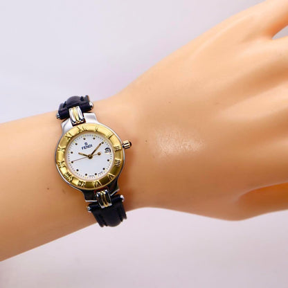FENDI Quartz Watch Wristwatch FF Logo White Gold Women's Authentic