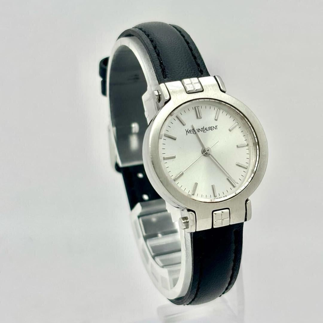 Saint Laurent Quartz Watch Wristwatch Logo Black Silver Women's Authentic