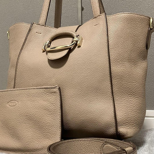 TOD'S Hand Shoulder Bag Tote Purse 2way Leather Pink Beige Authentic