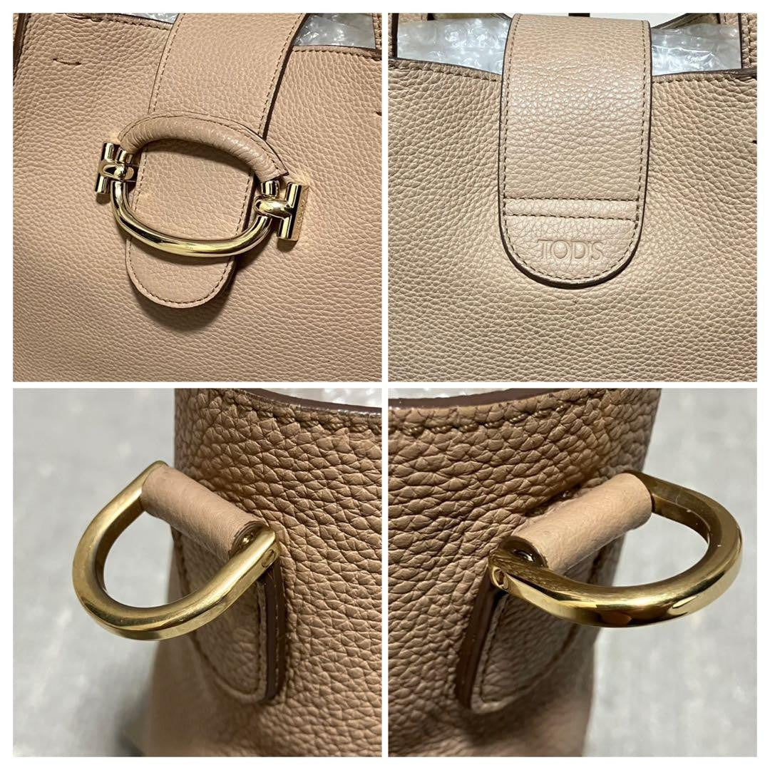 TOD'S Hand Shoulder Bag Tote Purse 2way Leather Pink Beige Authentic