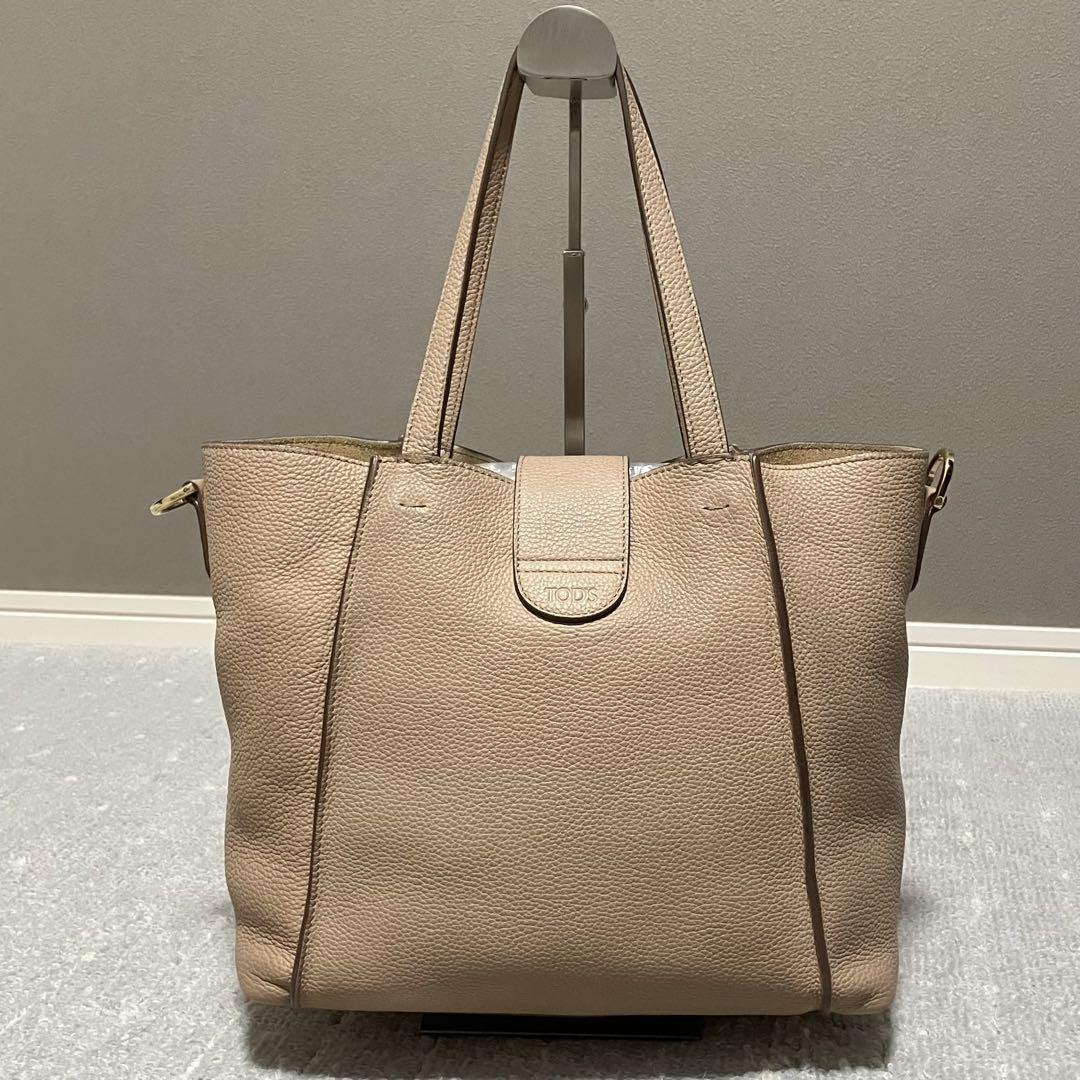 TOD'S Hand Shoulder Bag Tote Purse 2way Leather Pink Beige Authentic