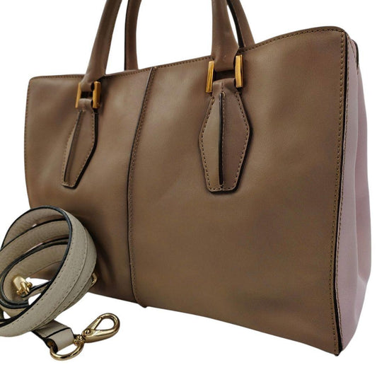 TOD'S Hand Shoulder Bag Tote Purse 2way D Cube Leather Beige Pink Authentic