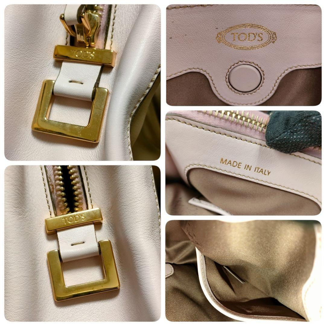 TOD'S Hand Shoulder Bag Tote Purse 2way D Cube Leather Beige Pink Authentic