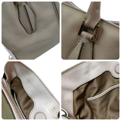 TOD'S Hand Shoulder Bag Tote Purse 2way D Cube Leather Beige Pink Authentic