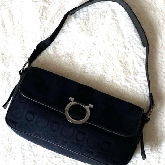Salvatore Ferragamo Accessory Pouch Shoulder Bag Gancini Canvas Leather Black