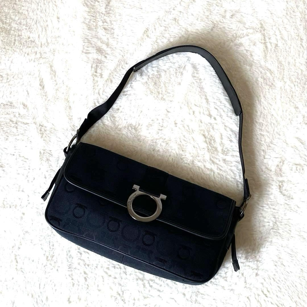 Salvatore Ferragamo Accessory Pouch Shoulder Bag Gancini Canvas Leather Black