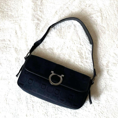 Salvatore Ferragamo Accessory Pouch Shoulder Bag Gancini Canvas Leather Black