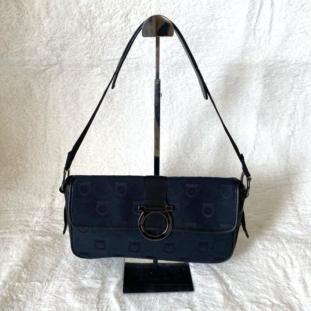 Salvatore Ferragamo Accessory Pouch Shoulder Bag Gancini Canvas Leather Black