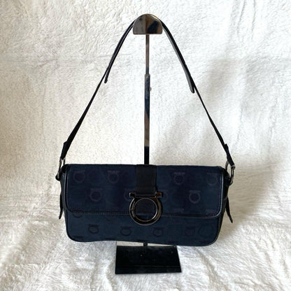 Salvatore Ferragamo Accessory Pouch Shoulder Bag Gancini Canvas Leather Black