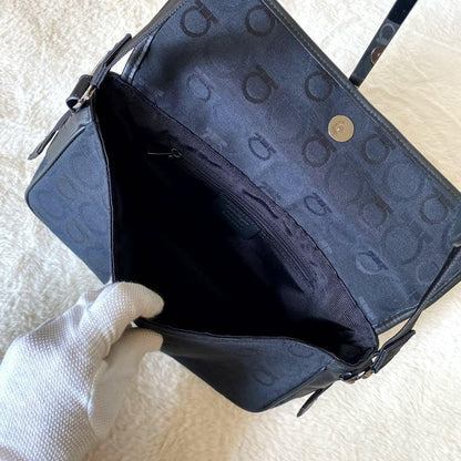 Salvatore Ferragamo Accessory Pouch Shoulder Bag Gancini Canvas Leather Black