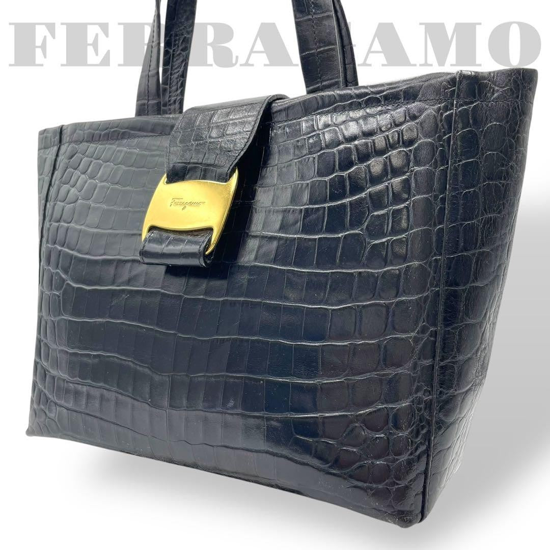 Salvatore Ferragamo Hand Bag Tote Purse Vara Leather Navy Authentic
