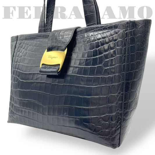 Salvatore Ferragamo Hand Bag Tote Purse Vara Leather Navy Authentic