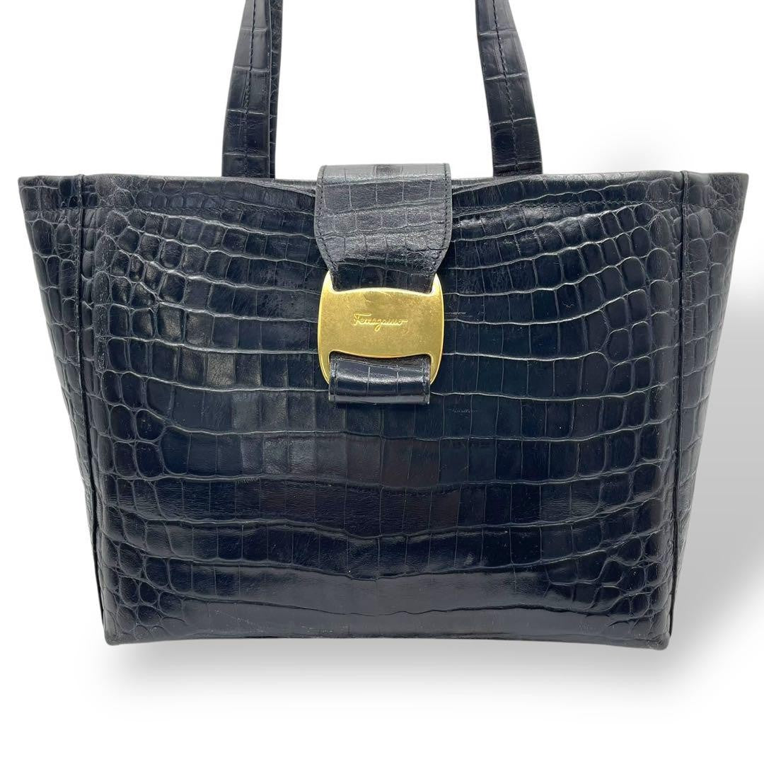 Salvatore Ferragamo Hand Bag Tote Purse Vara Leather Navy Authentic