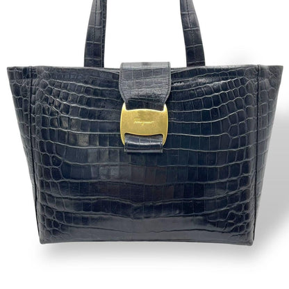 Salvatore Ferragamo Hand Bag Tote Purse Vara Leather Navy Authentic