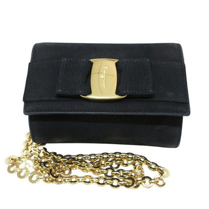 Salvatore Ferragamo Shoulder Bag Purse Vara Ribbon Suede Black Authentic