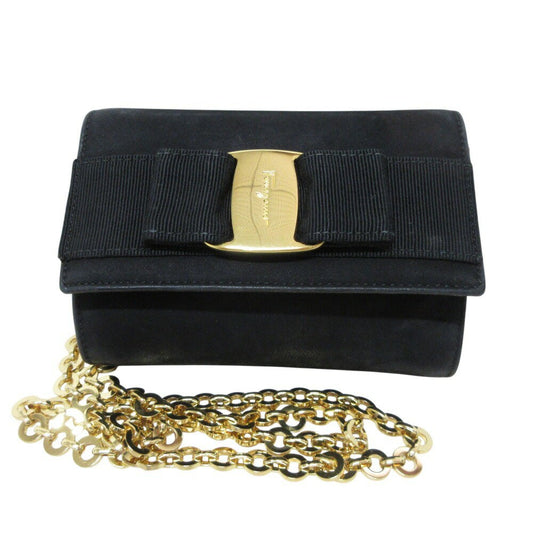 Salvatore Ferragamo Shoulder Bag Purse Vara Ribbon Suede Black Authentic
