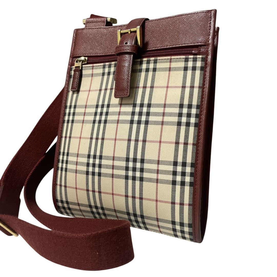 BURBERRY Shoulder Bag Purse Nova Check Canvas Leather Beige Red Authentic
