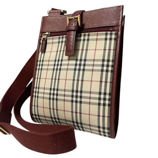 BURBERRY Shoulder Bag Purse Nova Check Canvas Leather Beige Red Authentic