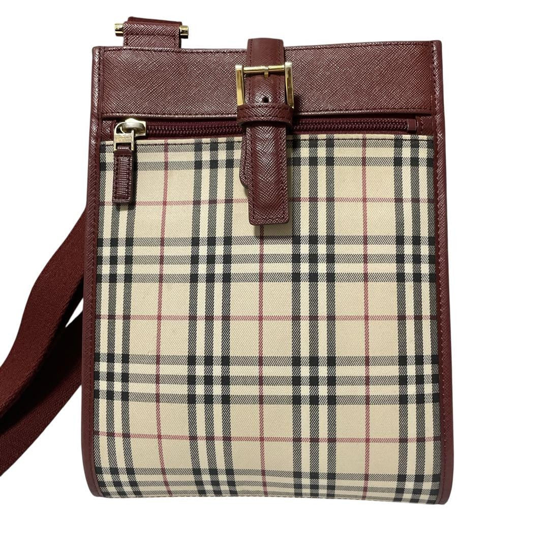 BURBERRY Shoulder Bag Purse Nova Check Canvas Leather Beige Red Authentic