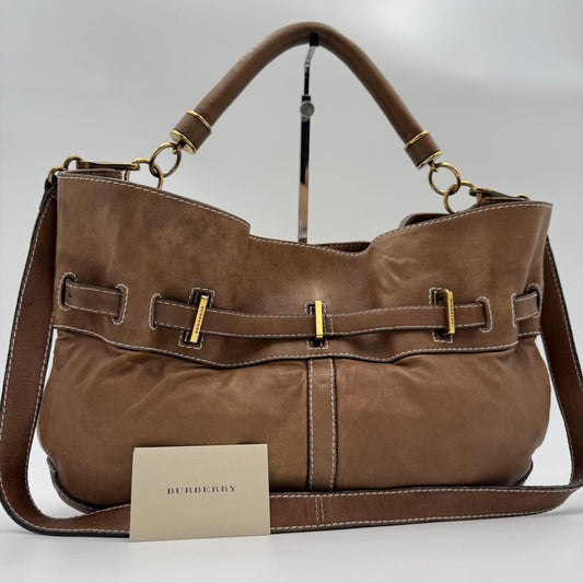 BURBERRY Hand Shoulder Bag Tote Purse 2way Nova Check Leather Brown Authentic