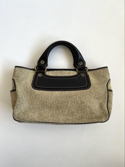 CELINE Hand Bag Tote Purse C Macadam Leather Suede Beige Brown Authentic
