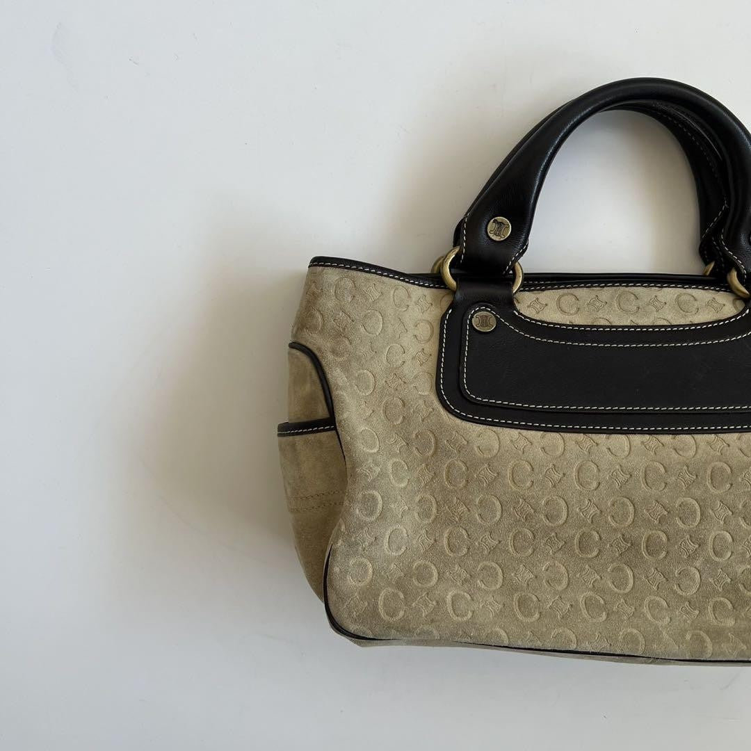 CELINE Hand Bag Tote Purse C Macadam Leather Suede Beige Brown Authentic