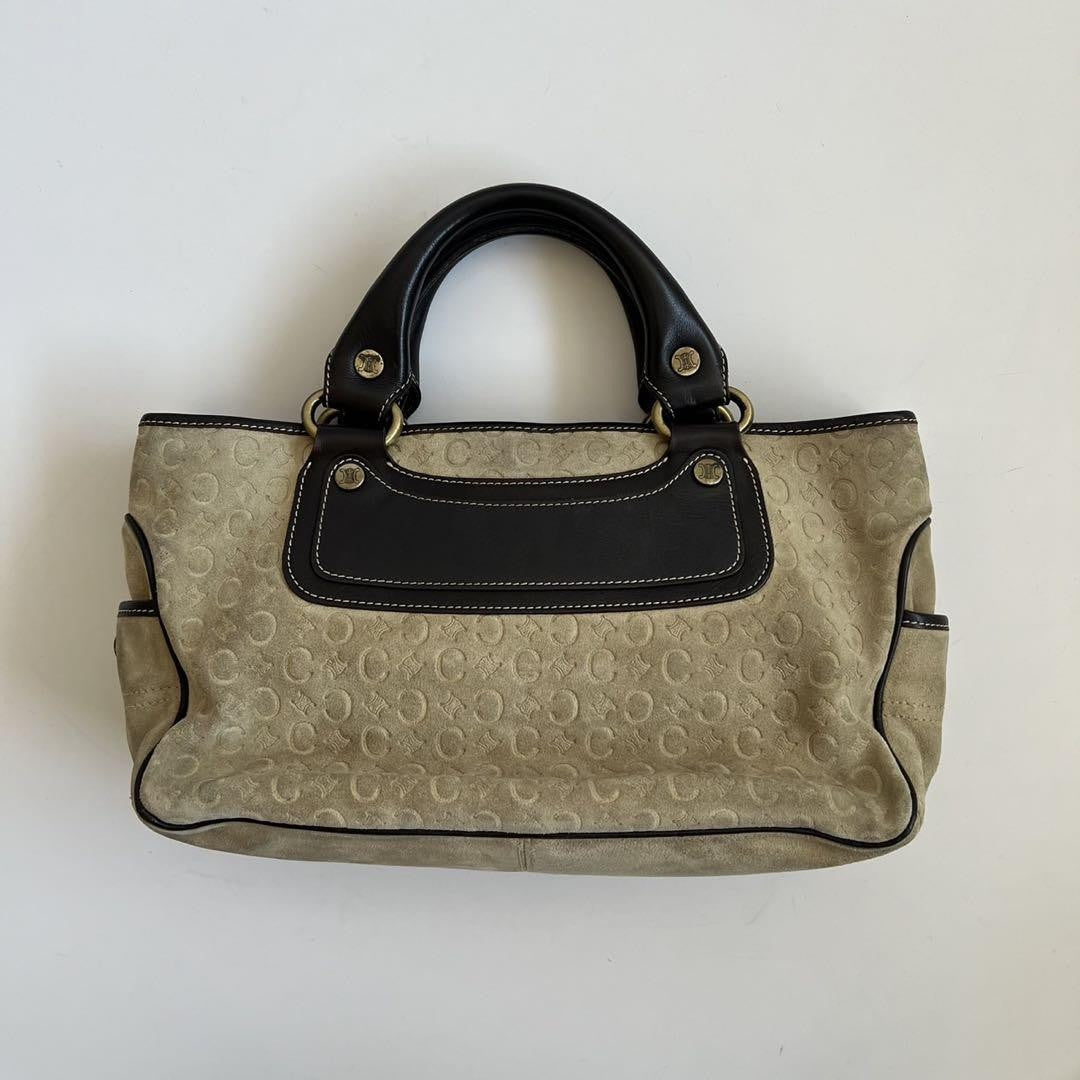 CELINE Hand Bag Tote Purse C Macadam Leather Suede Beige Brown Authentic